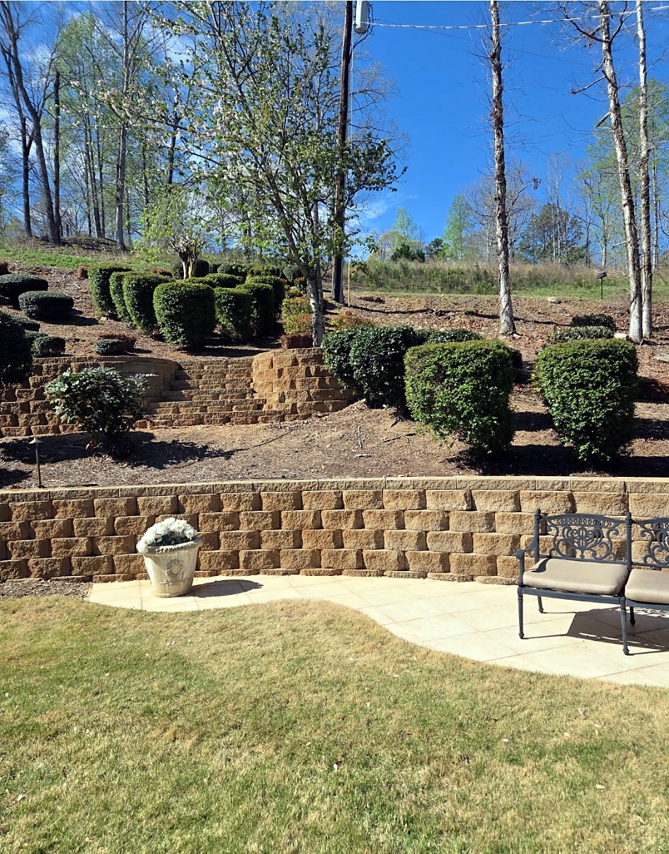 Stone terrace walls with shaped shrubs, a bench and a planter above a green lawn