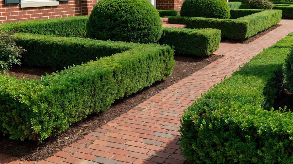 Freshly trimmed boxwood hedges with sharp edges along a brick walkway
