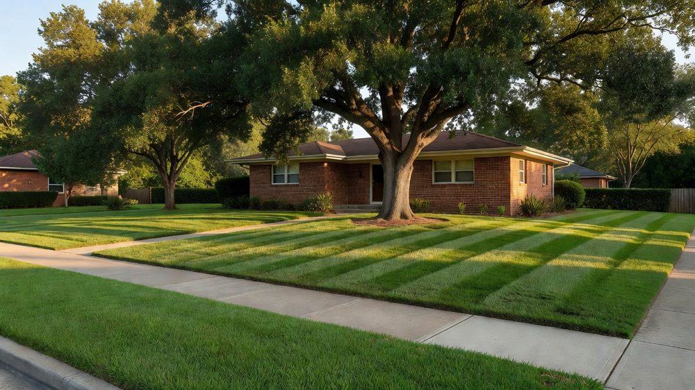 Freshly mowed lawn with crisp mower stripes in front of a brick house