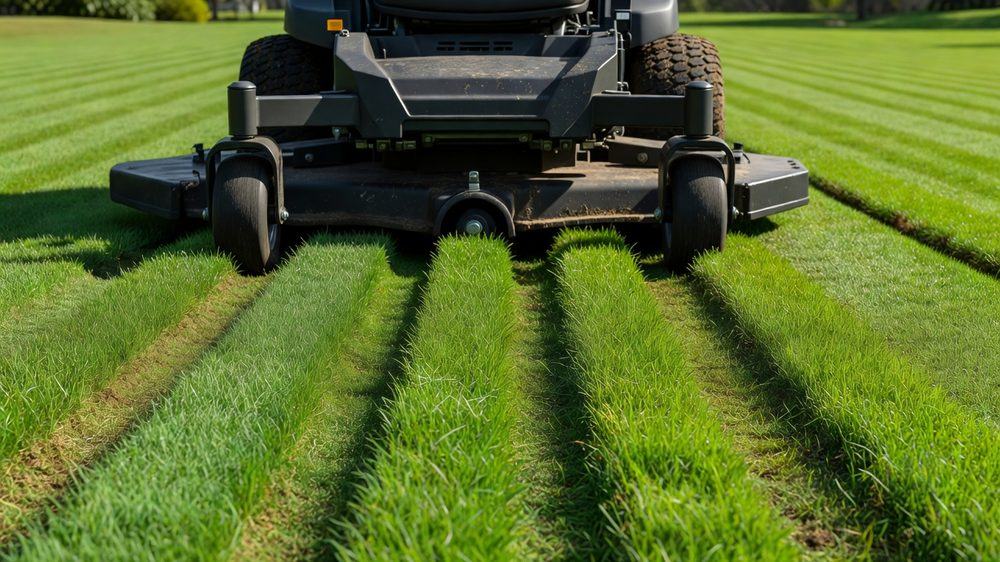 Zero-turn mower cutting clean stripes into thick green grass